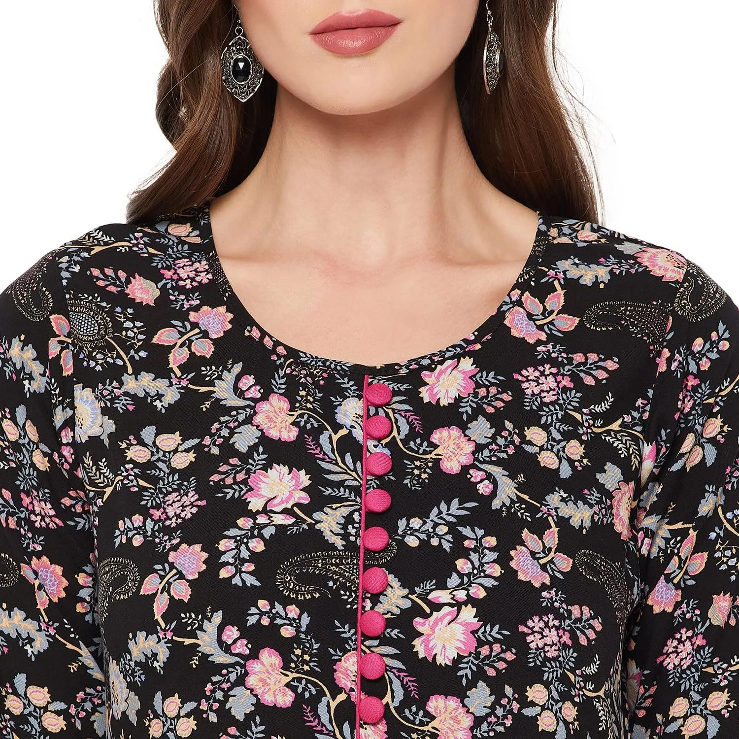Tissu Women's Rayon Black & Pink Floral Printed A-Line Kurta