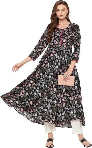 Tissu Women's Rayon Black & Pink Floral Printed A-Line Kurta