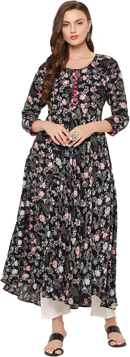 Tissu Women's Rayon Black & Pink Floral Printed A-Line Kurta