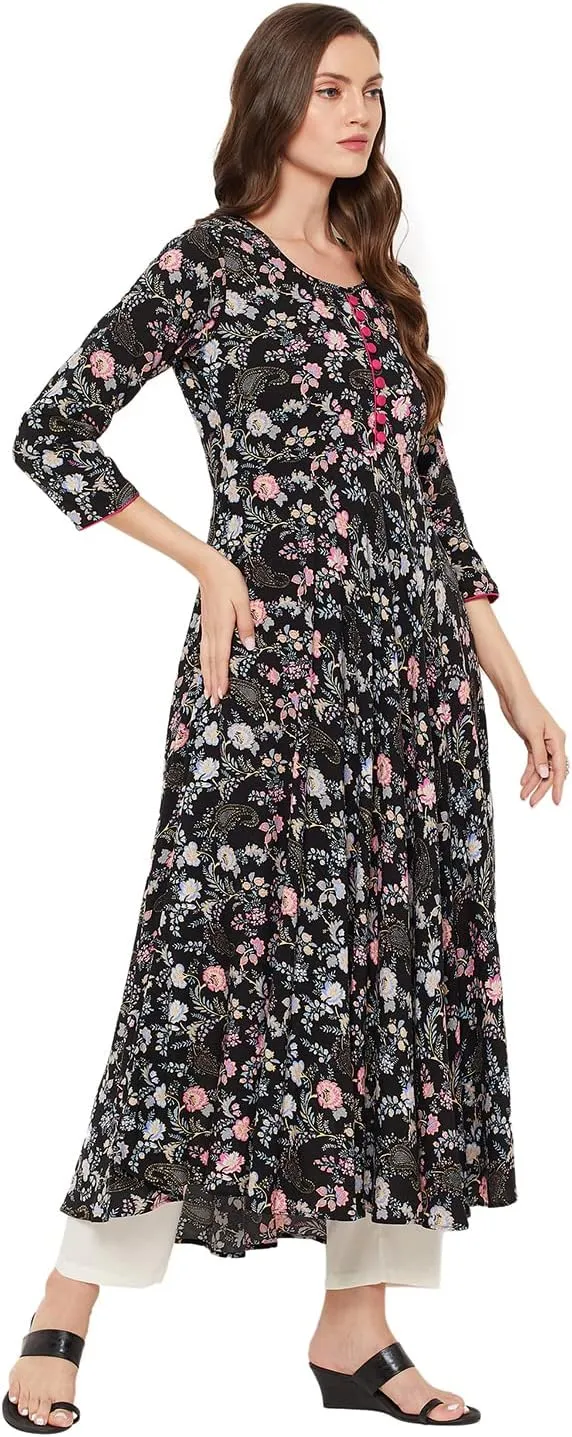 Tissu Women's Rayon Black & Pink Floral Printed A-Line Kurta