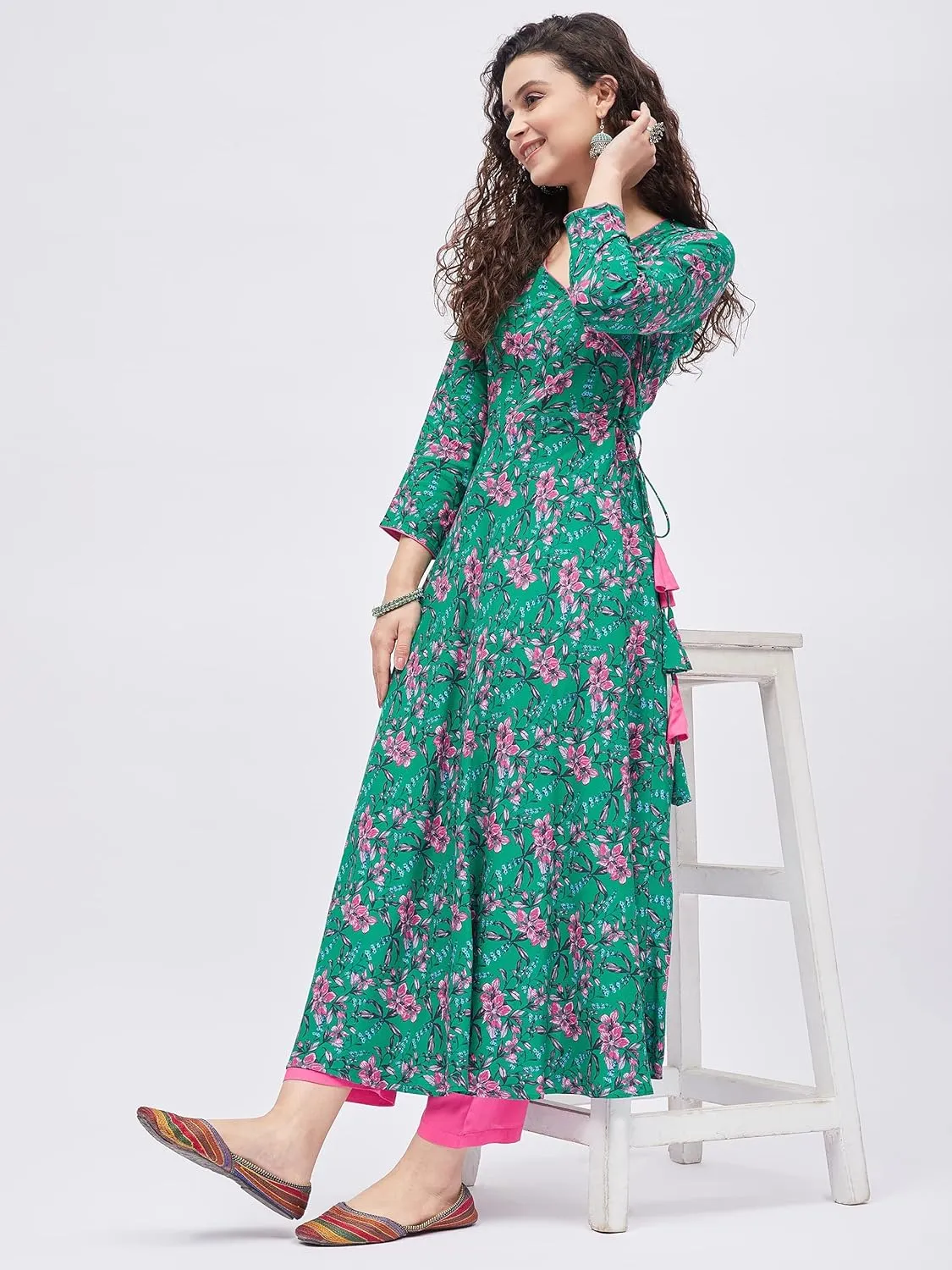 Tissu Women's Rayon Dark Green & Pink Floral Printed Angrakha Kurta