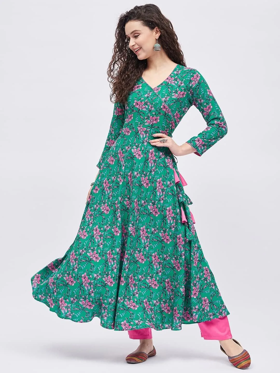 Tissu Women's Rayon Dark Green & Pink Floral Printed Angrakha Kurta