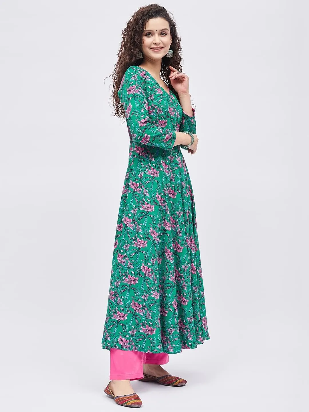 Tissu Women's Rayon Dark Green & Pink Floral Printed Angrakha Kurta