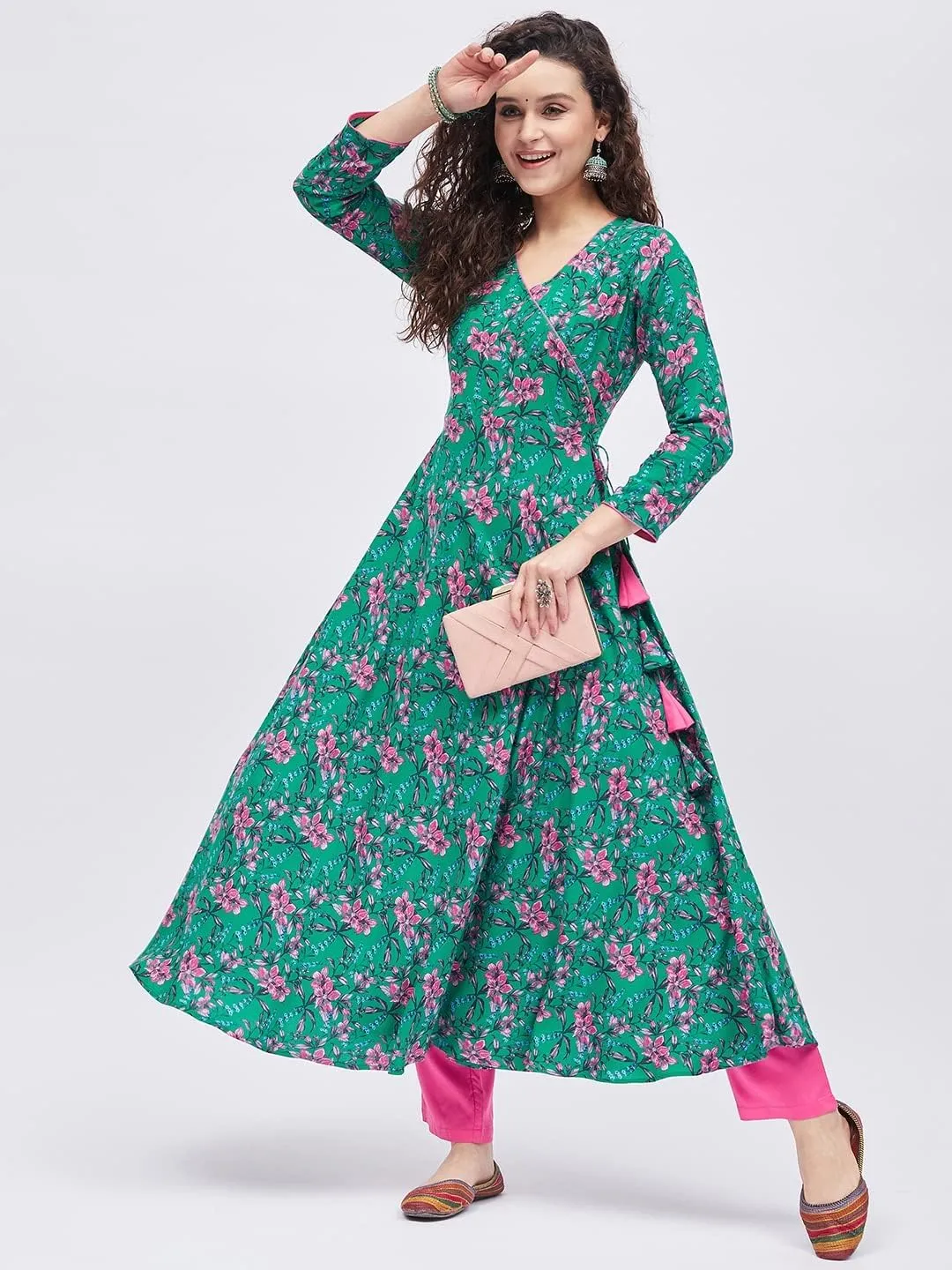 Tissu Women's Rayon Dark Green & Pink Floral Printed Angrakha Kurta