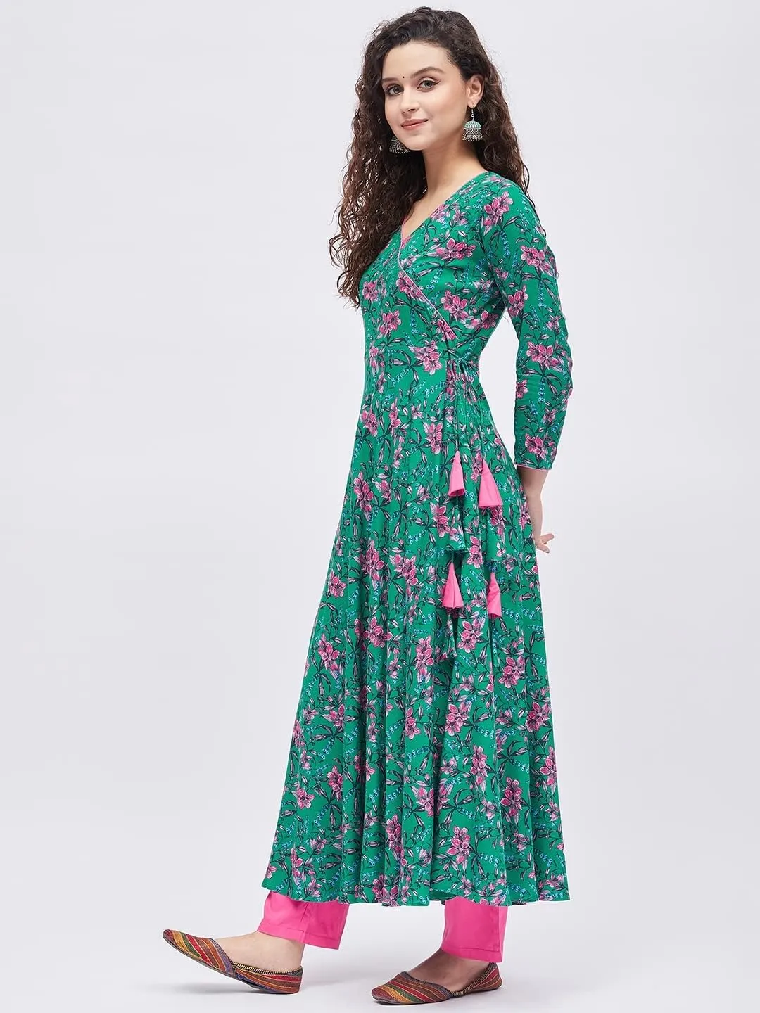 Tissu Women's Rayon Dark Green & Pink Floral Printed Angrakha Kurta