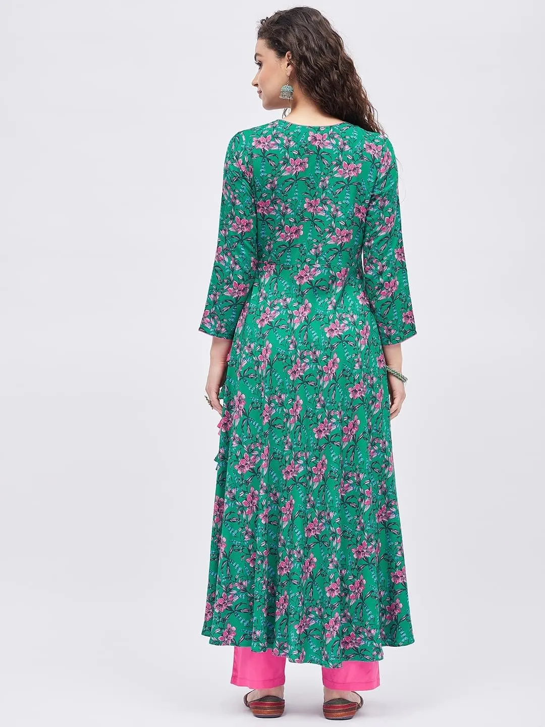 Tissu Women's Rayon Dark Green & Pink Floral Printed Angrakha Kurta