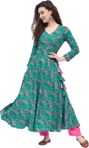 Tissu Women's Rayon Dark Green & Pink Floral Printed Angrakha Kurta