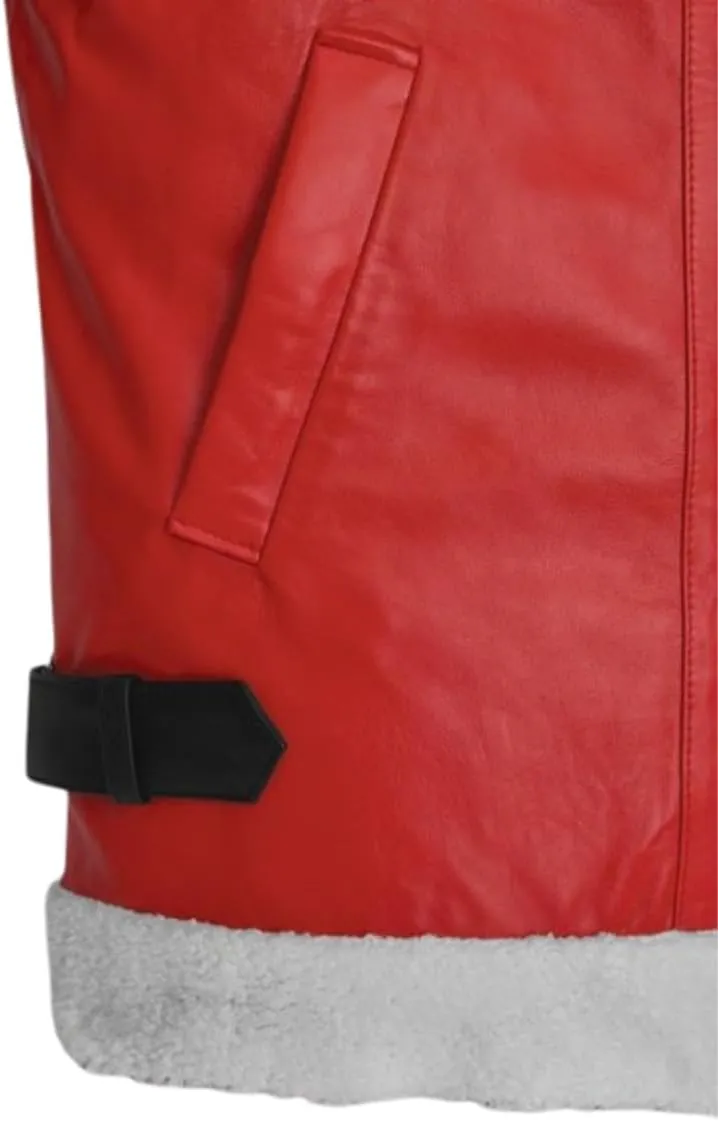 TOMJACK Christmas Leather Jacket for Men, Ryan Reynolds Spirited Fur Shearling Winter Coat, Santa Claus Style Suit