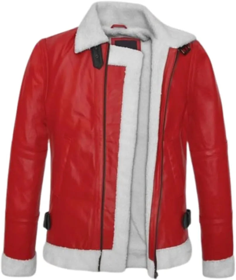 TOMJACK Christmas Leather Jacket for Men, Ryan Reynolds Spirited Fur Shearling Winter Coat, Santa Claus Style Suit