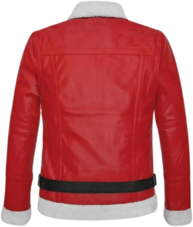 TOMJACK Christmas Leather Jacket for Men, Ryan Reynolds Spirited Fur Shearling Winter Coat, Santa Claus Style Suit