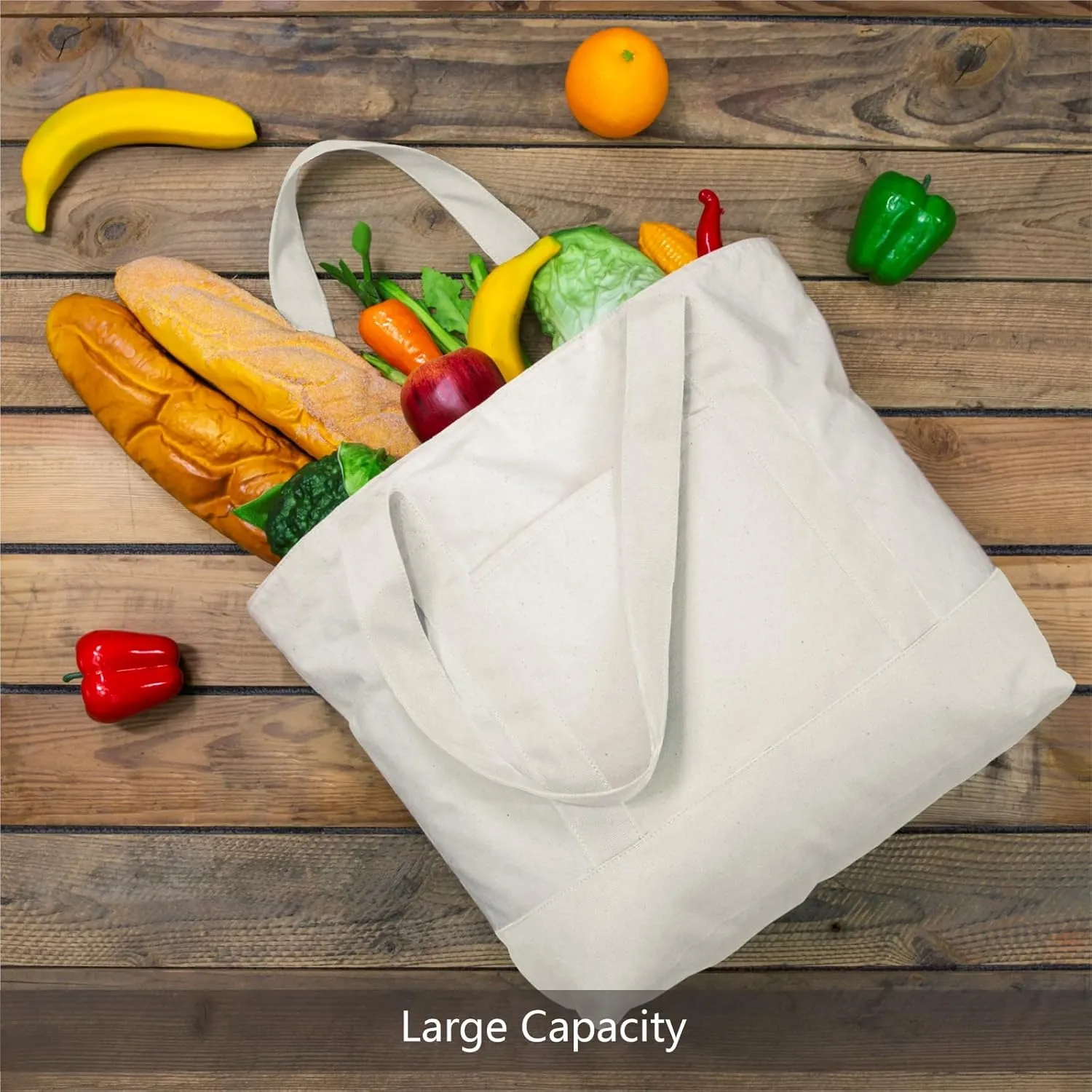 TOPDesign 1-Pack Canvas Tote Bag with an External Pocket, Reusable Grocery Shopping Bag, Top Zipper Closure, Daily Essentials (Natural)