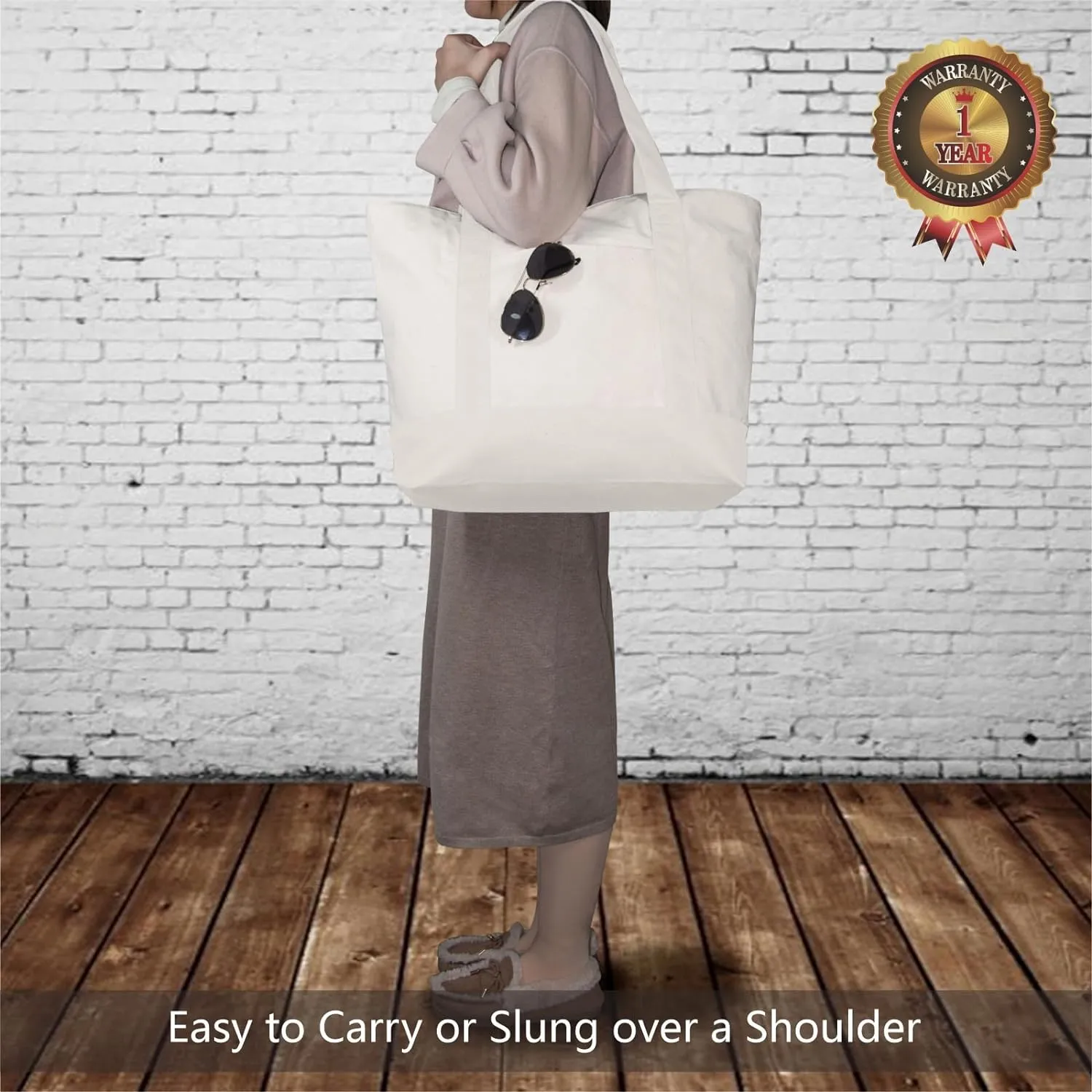TOPDesign 1-Pack Canvas Tote Bag with an External Pocket, Reusable Grocery Shopping Bag, Top Zipper Closure, Daily Essentials (Natural)