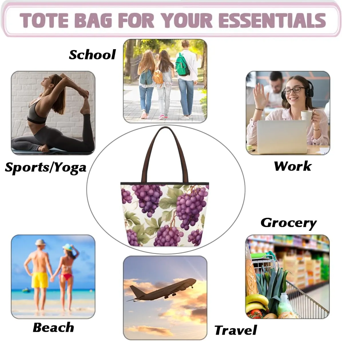 Tote Bag for Women with Zipper Large Capacity Top Handle Casual Shoulder Bag Handbag Reusable Shopping