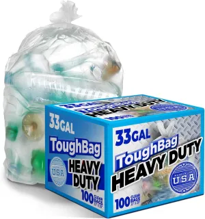 ToughBag 30-33 Gallon Clear Trash Bags (100 Count) Recycling Bag, Garbage Can Liners – Clear Trash Bags 30  Gallon - Made In USA