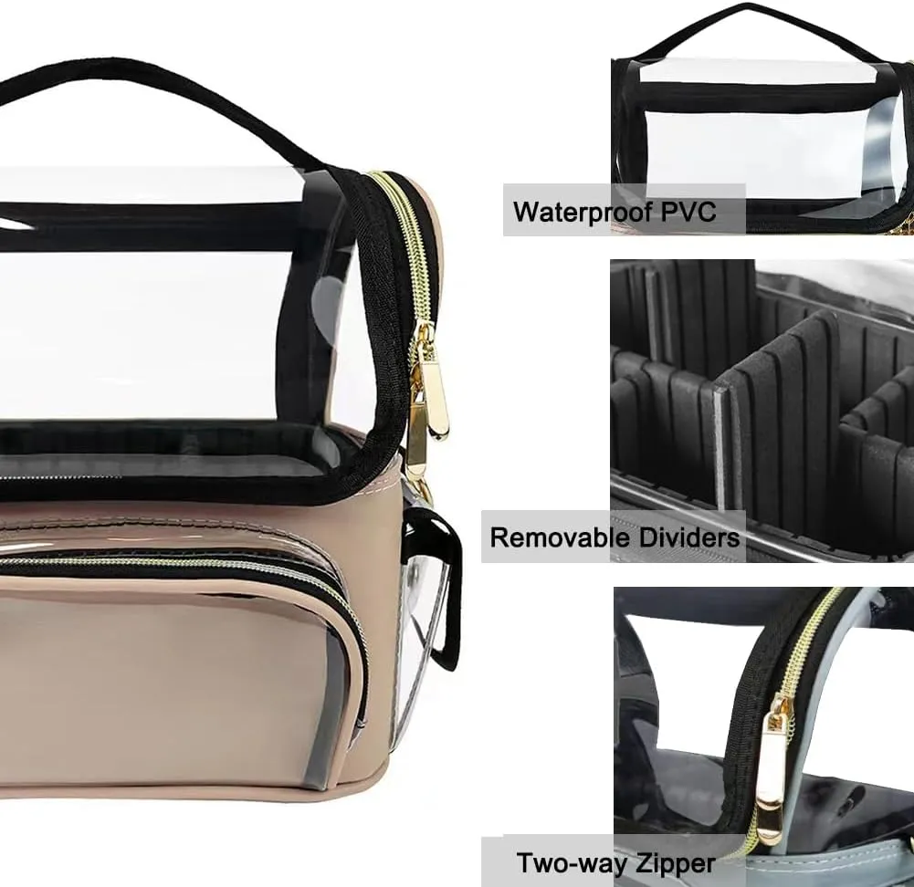 Travel Makeup Bag, Clear Makeup Brush Case with Removable Dividers, See Through PVC Makeup Bag, Professional Makeup Tool Organizer for Women, Apricot