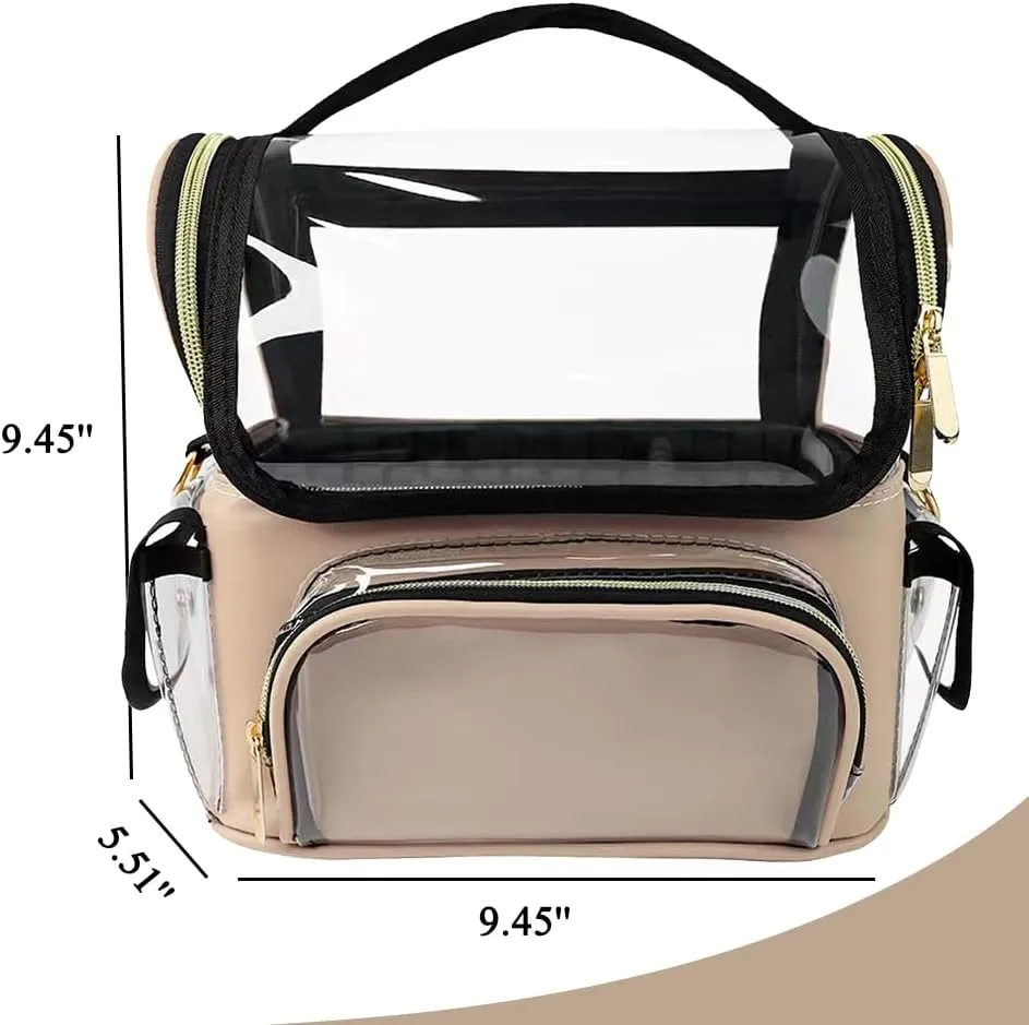 Travel Makeup Bag, Clear Makeup Brush Case with Removable Dividers, See Through PVC Makeup Bag, Professional Makeup Tool Organizer for Women, Apricot