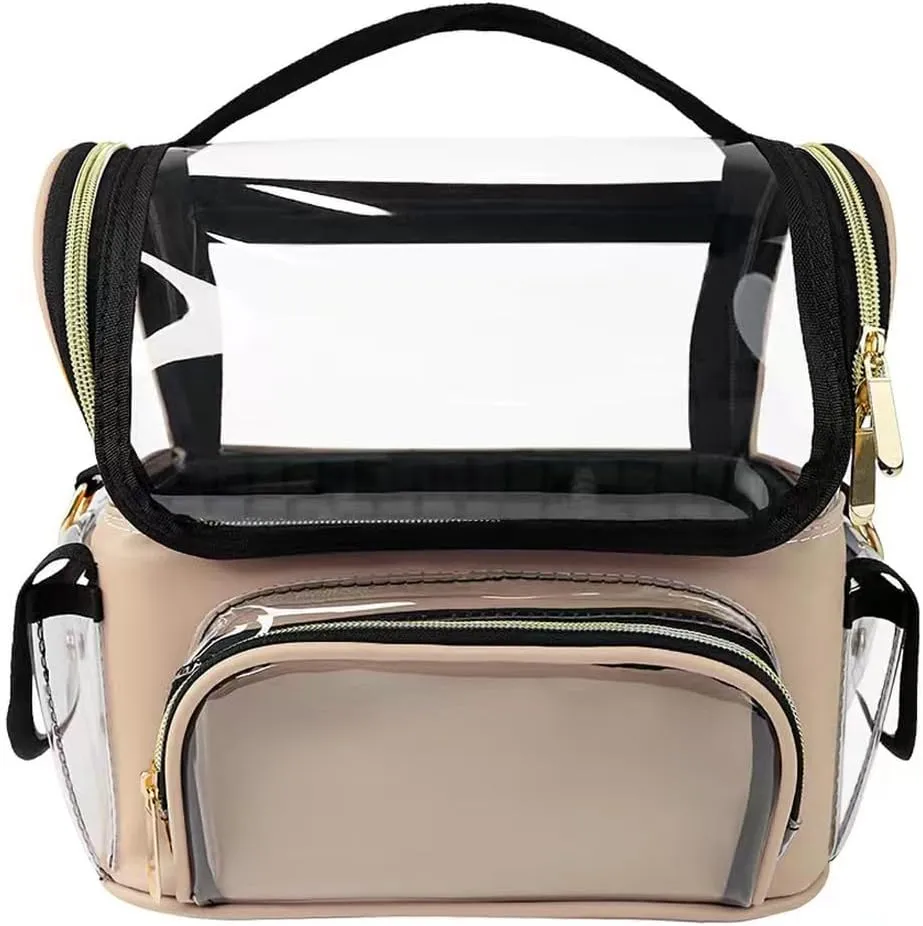 Travel Makeup Bag, Clear Makeup Brush Case with Removable Dividers, See Through PVC Makeup Bag, Professional Makeup Tool Organizer for Women, Apricot