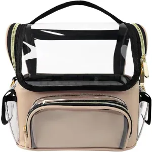 Travel Makeup Bag, Clear Makeup Brush Case with Removable Dividers, See Through PVC Makeup Bag, Professional Makeup Tool Organizer for Women, Apricot