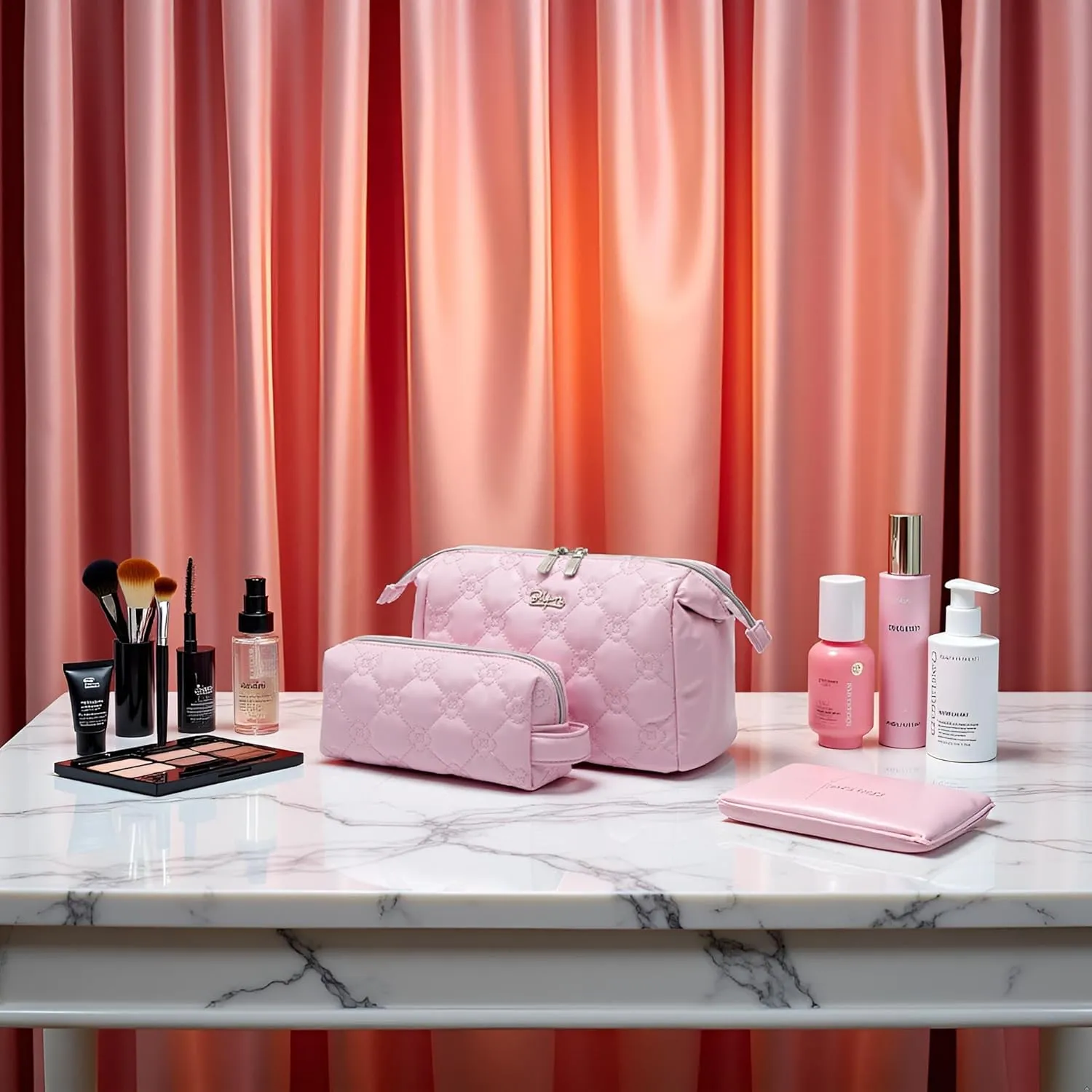 Travel Makeup Bag Cosmetic Organizer: Small Make up Bag for Purse - Preppy Skincare Bags for Women - Cute Zipper Pouch Waterproof Toiletry Bags - Gifts for Girls Friends Teachers (Pink)