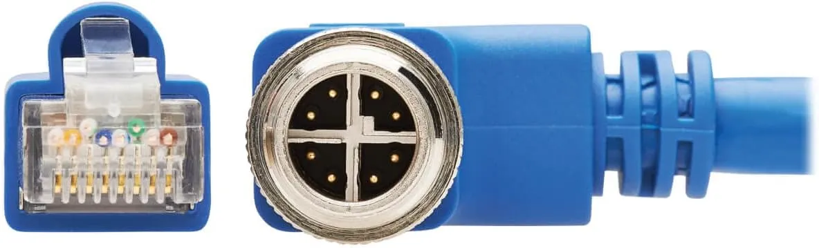 Tripp Lite M12 X-Code Cat6a Shielded Ethernet Cable, Right-Angle M12/RJ45 Cable, 10G F/UTP CMR-LP (M/M), IP68, 60W Power Over Ethernet, Blue, 3.3 Feet / 1 Meter, (NM12-6A4-01M-BL)