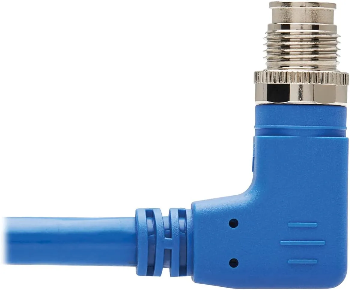Tripp Lite M12 X-Code Cat6a Shielded Ethernet Cable, Right-Angle M12/RJ45 Cable, 10G F/UTP CMR-LP (M/M), IP68, 60W Power Over Ethernet, Blue, 3.3 Feet / 1 Meter, (NM12-6A4-01M-BL)
