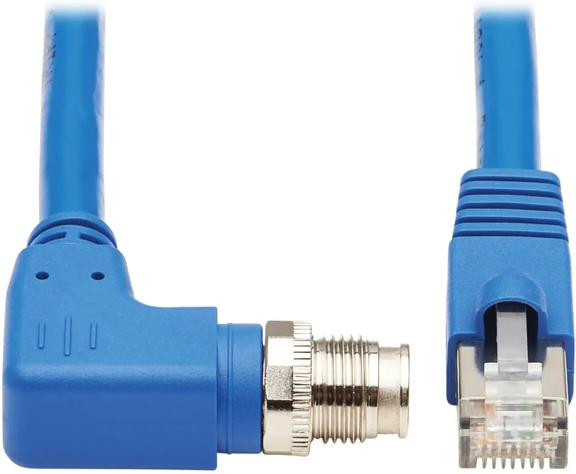 Tripp Lite M12 X-Code Cat6a Shielded Ethernet Cable, Right-Angle M12/RJ45 Cable, 10G F/UTP CMR-LP (M/M), IP68, 60W Power Over Ethernet, Blue, 3.3 Feet / 1 Meter, (NM12-6A4-01M-BL)