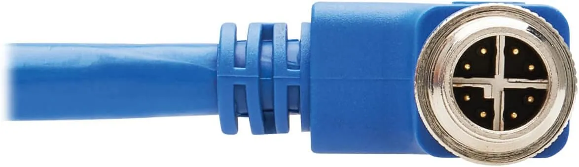 Tripp Lite M12 X-Code Cat6a Shielded Ethernet Cable, Right-Angle M12/RJ45 Cable, 10G F/UTP CMR-LP (M/M), IP68, 60W Power Over Ethernet, Blue, 3.3 Feet / 1 Meter, (NM12-6A4-01M-BL)