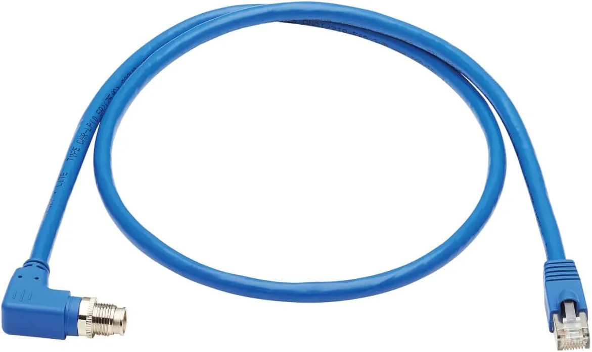 Tripp Lite M12 X-Code Cat6a Shielded Ethernet Cable, Right-Angle M12/RJ45 Cable, 10G F/UTP CMR-LP (M/M), IP68, 60W Power Over Ethernet, Blue, 3.3 Feet / 1 Meter, (NM12-6A4-01M-BL)