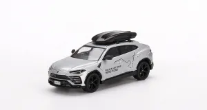 Truescale Miniatures Lambo Urus with Roof Box Unlock Any Road Hong Kong Silver Metallic Limited Edition 1/64 Diecast Model Car MGT00443
