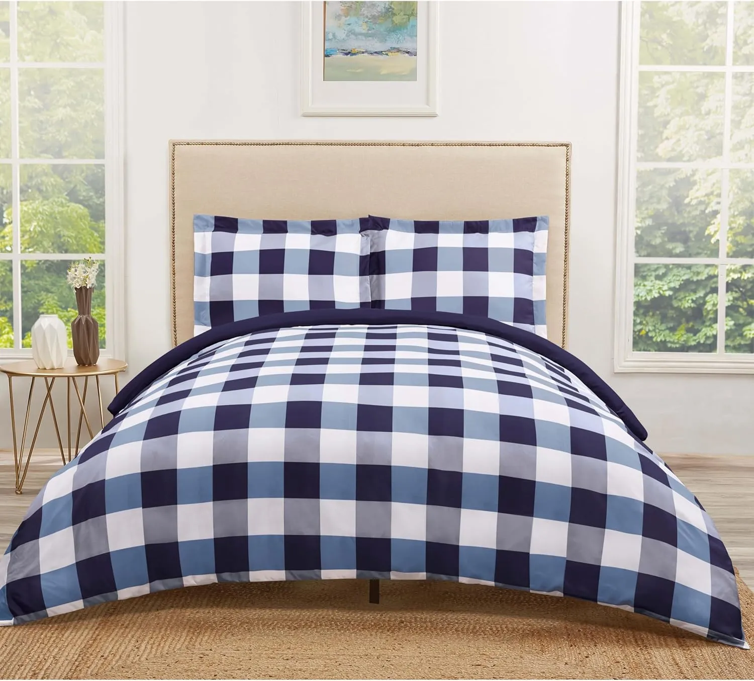 TRULY SOFT Everyday Buffalo Plaid Navy Blue Polyester 3-Piece Full/Queen Duvet Set, Plaid Themed, for Men and Women, Oeko-TEX Certified Confidence