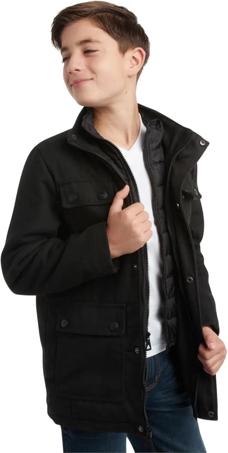 URBAN REPUBLIC Boys Wool Dress Coat - Warm Stylish Winter Jacket with Double Zip and Snap Closure and Bib Insert (Size: 4-20)
