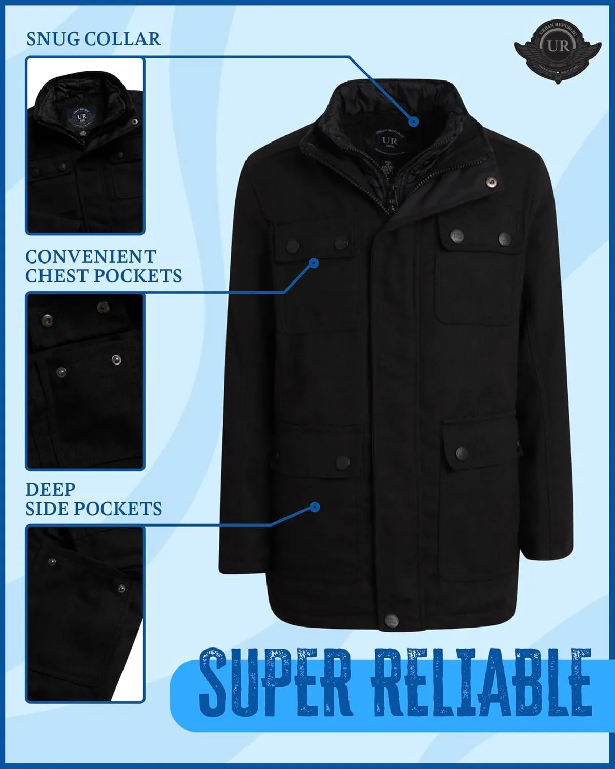 URBAN REPUBLIC Boys Wool Dress Coat - Warm Stylish Winter Jacket with Double Zip and Snap Closure and Bib Insert (Size: 4-20)