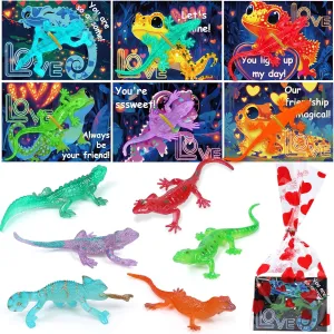 Valentines Cards for Kids, 24 Pack Kids Gifts with Glow in The Dark Lizards Fidget Toys, Party Favors & Prizes