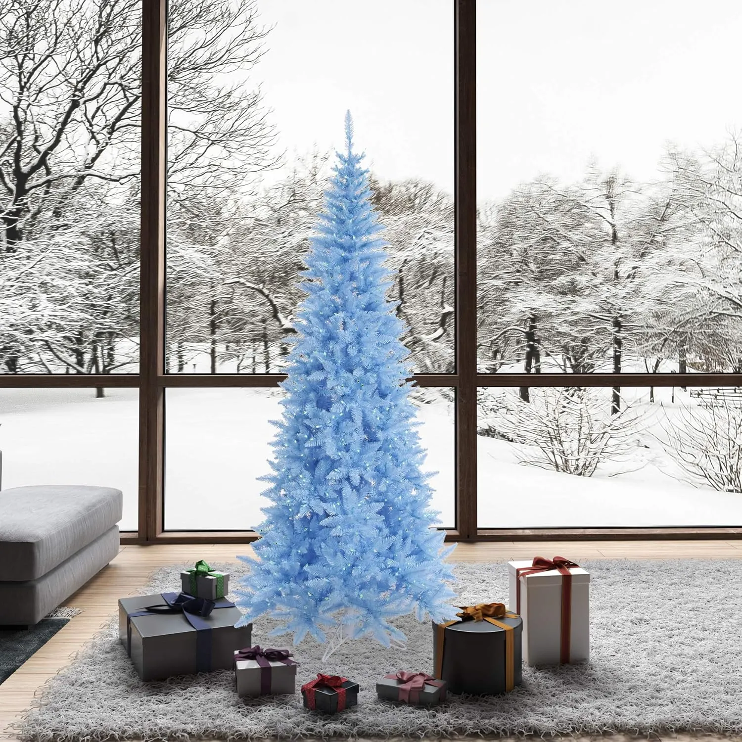 Vickerman 7.5' Sky Blue Fir Slim Artificial Christmas Tree, Blue Dura-lit LED Lights - Faux Blue Christmas Tree - Seasonal Indoor Home Decor