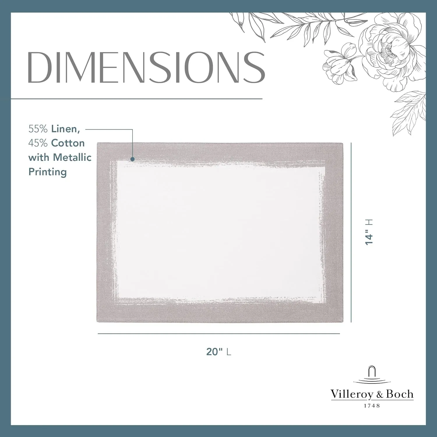 Villeroy & Boch Metallic Brushstroke Modern Linen Blend Placemat Set, 14 Inches x 20 Inches, Set of 4, White and Silver