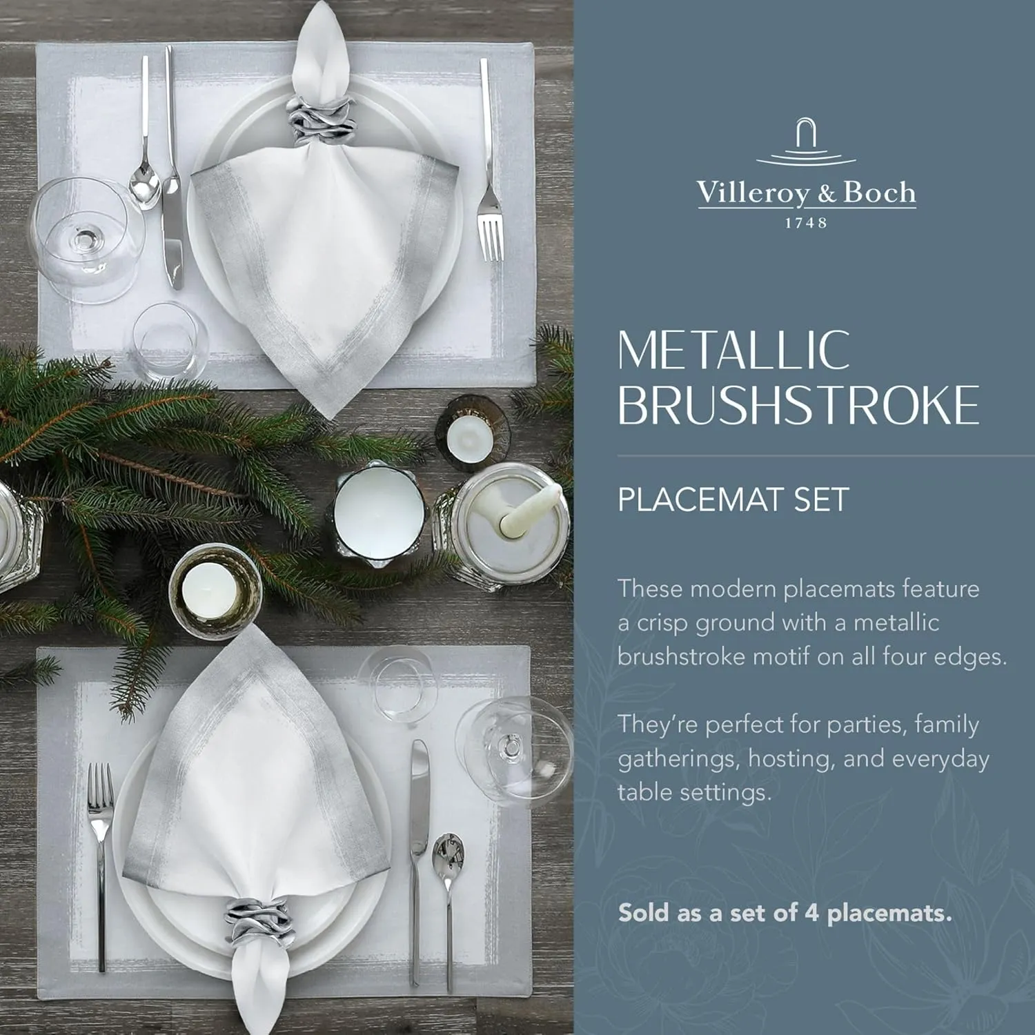 Villeroy & Boch Metallic Brushstroke Modern Linen Blend Placemat Set, 14 Inches x 20 Inches, Set of 4, White and Silver