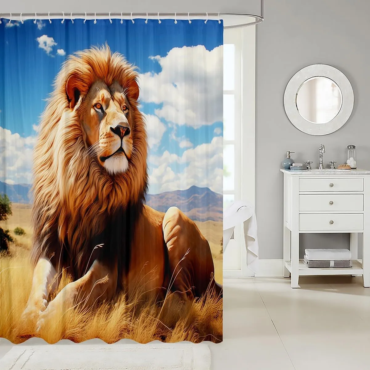 Vivid Lion Shower Curtain,Prairie Scenery Blue Sky Bathroom Curtain Kids Teens Boys Men Bathroom Decor,Fierce Wildlife Bath Curtain,Tropical African Animal Waterproof Curtain,12 Hooks,72"Wx72"L