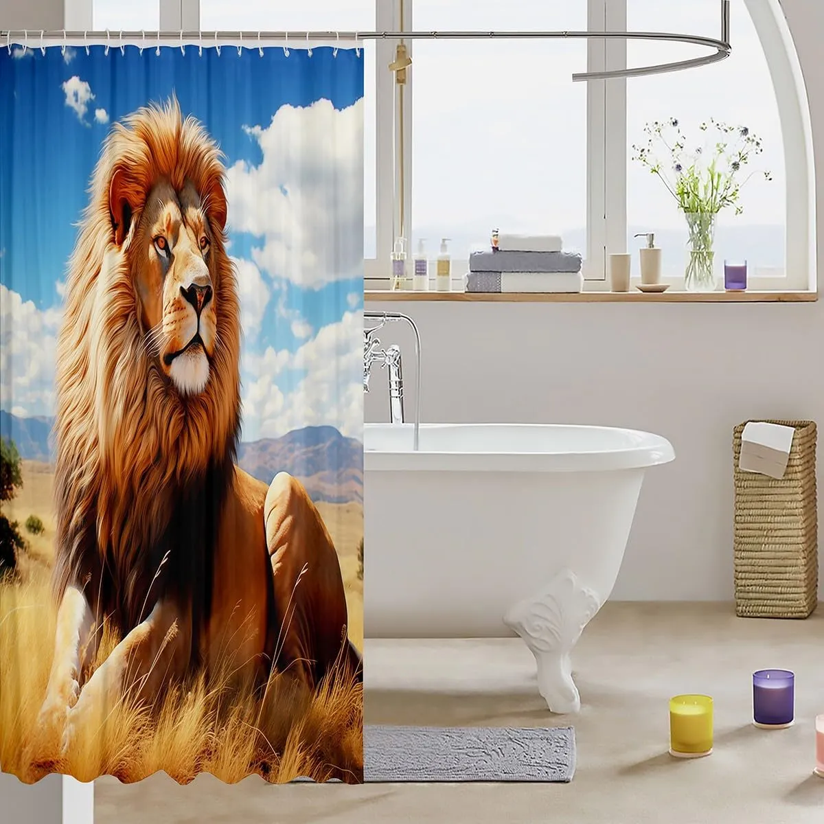 Vivid Lion Shower Curtain,Prairie Scenery Blue Sky Bathroom Curtain Kids Teens Boys Men Bathroom Decor,Fierce Wildlife Bath Curtain,Tropical African Animal Waterproof Curtain,12 Hooks,72"Wx72"L
