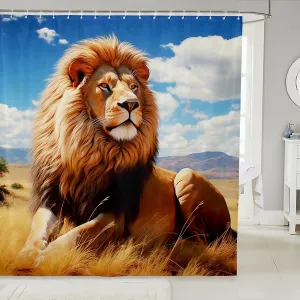 Vivid Lion Shower Curtain,Prairie Scenery Blue Sky Bathroom Curtain Kids Teens Boys Men Bathroom Decor,Fierce Wildlife Bath Curtain,Tropical African Animal Waterproof Curtain,12 Hooks,72"Wx72"L