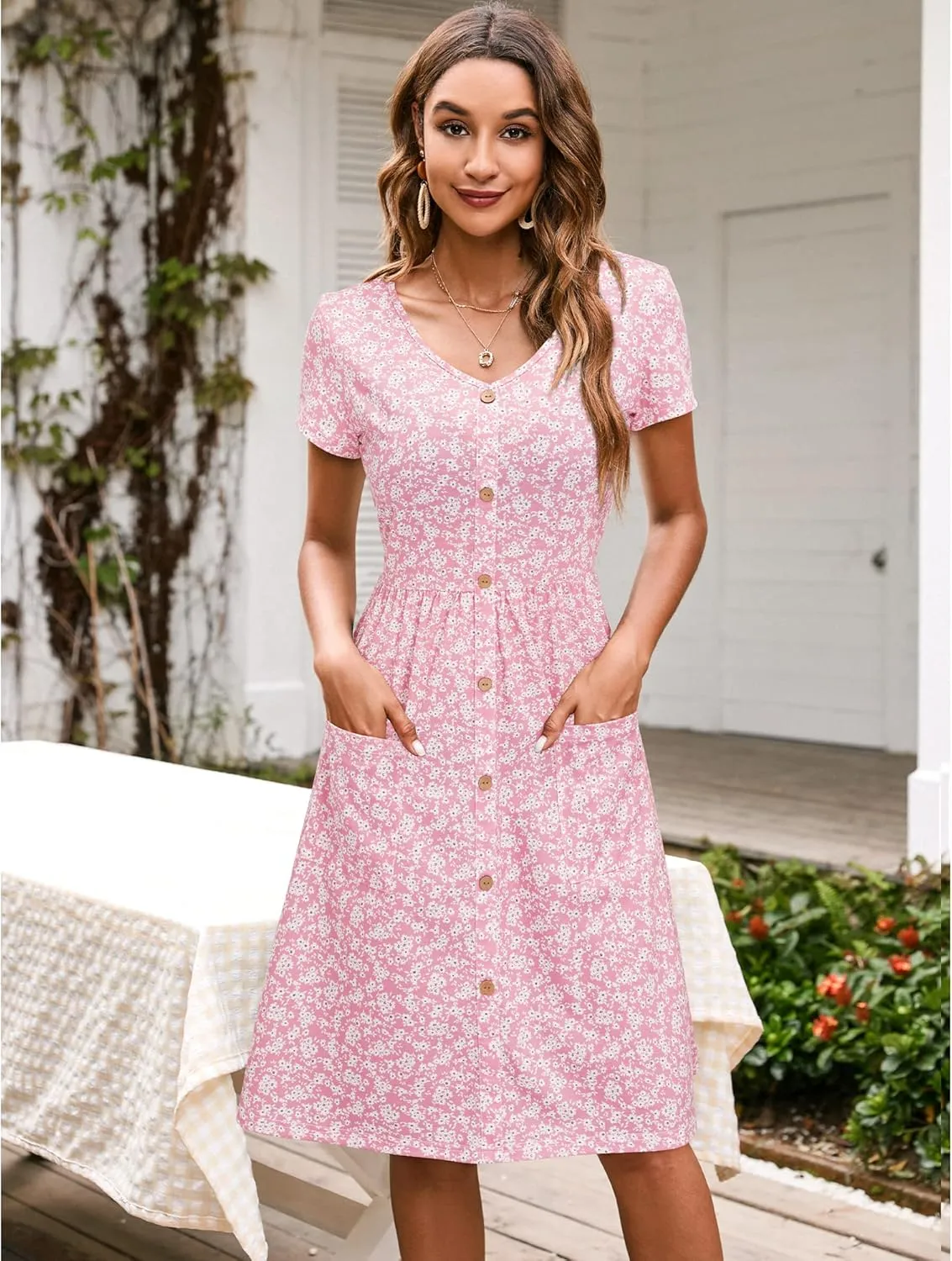 VOTEPRETTY Women's Short Sleeve V Neck Sundress Summer Casual Button Floral Dress with Pockets