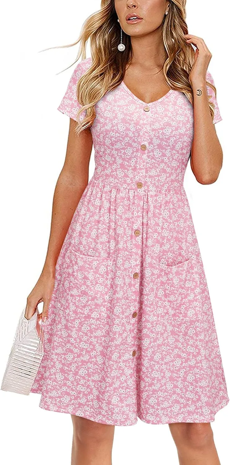 VOTEPRETTY Women's Short Sleeve V Neck Sundress Summer Casual Button Floral Dress with Pockets
