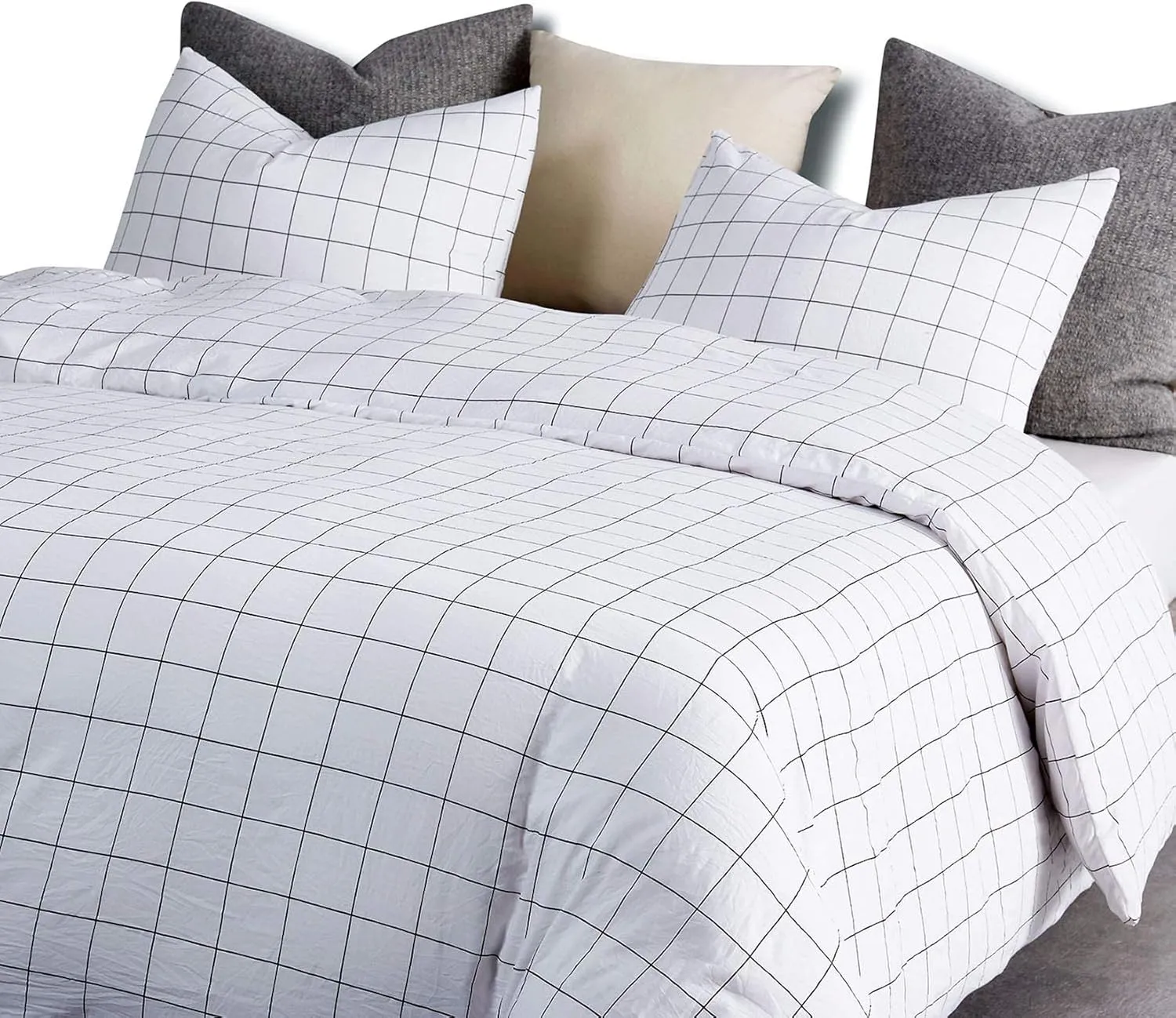 Wake In Cloud - Grid Comforter Set, Preppy Geometric Plaid Checkered Modern Pattern Printed, Soft Lightweight Bedding, 3 Pieces, White, Twin Size