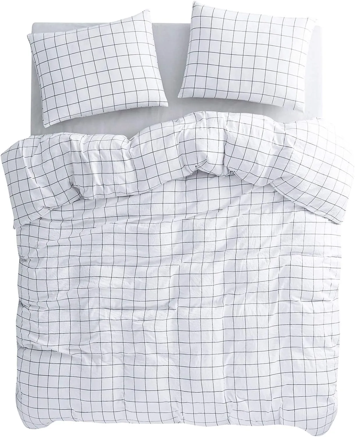 Wake In Cloud - Grid Comforter Set, Preppy Geometric Plaid Checkered Modern Pattern Printed, Soft Lightweight Bedding, 3 Pieces, White, Twin Size