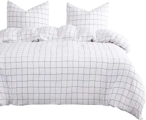Wake In Cloud - Grid Comforter Set, Preppy Geometric Plaid Checkered Modern Pattern Printed, Soft Lightweight Bedding, 3 Pieces, White, Twin Size