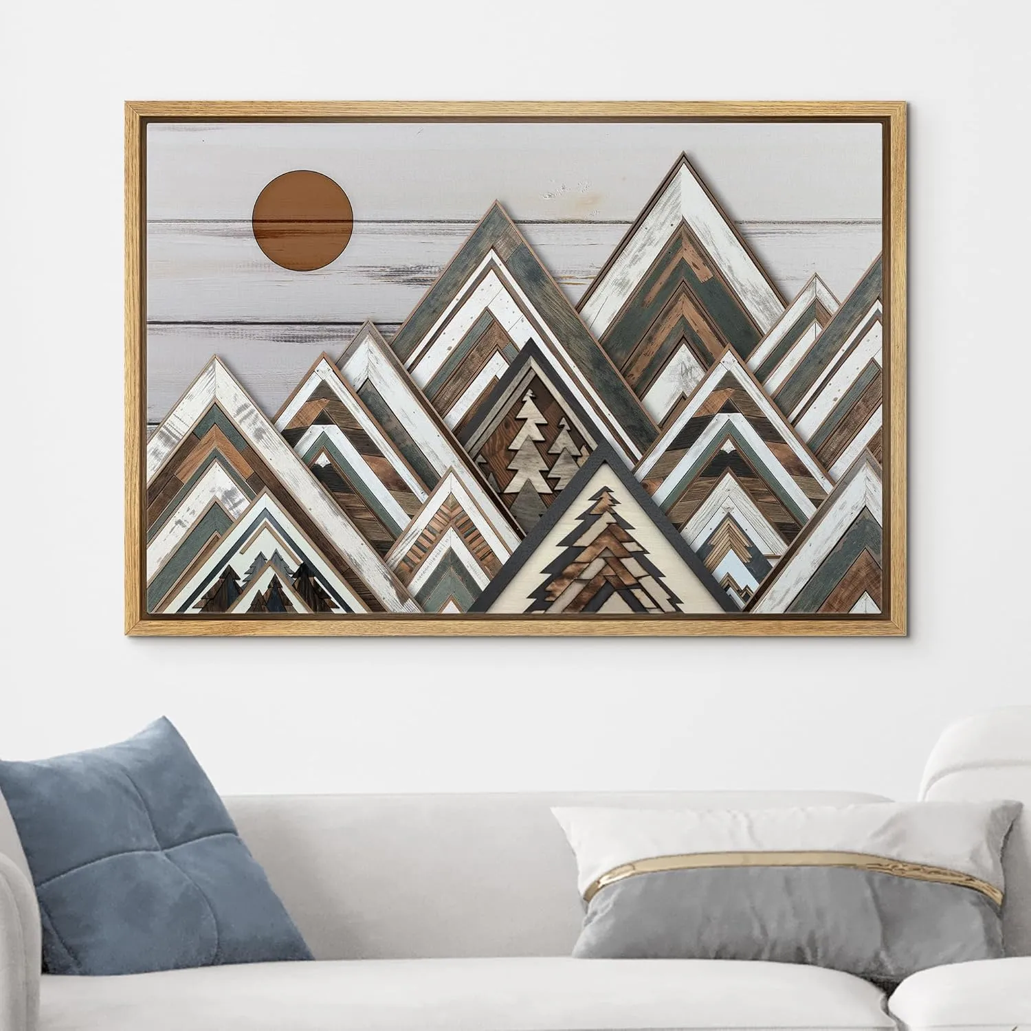 wall26 Framed Canvas Print Wall Art Wood Panel Mountain Range Nature Wilderness Digital Art Wood Panel Landscape Farmhouse/Country Relax/Calm/Cozy Geometric Abstract for Bedroom - 24"x36" Natural