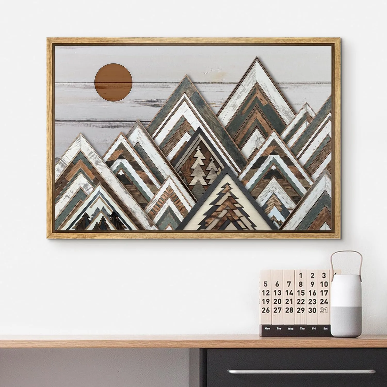 wall26 Framed Canvas Print Wall Art Wood Panel Mountain Range Nature Wilderness Digital Art Wood Panel Landscape Farmhouse/Country Relax/Calm/Cozy Geometric Abstract for Bedroom - 24"x36" Natural