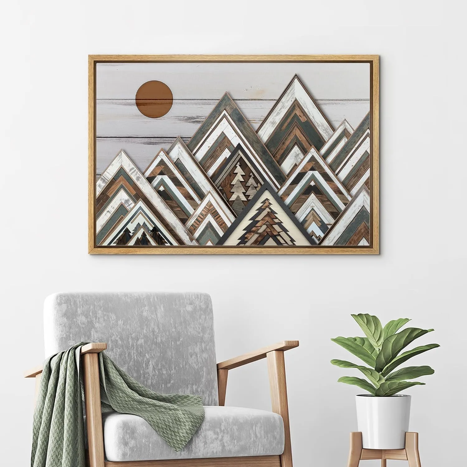 wall26 Framed Canvas Print Wall Art Wood Panel Mountain Range Nature Wilderness Digital Art Wood Panel Landscape Farmhouse/Country Relax/Calm/Cozy Geometric Abstract for Bedroom - 24"x36" Natural