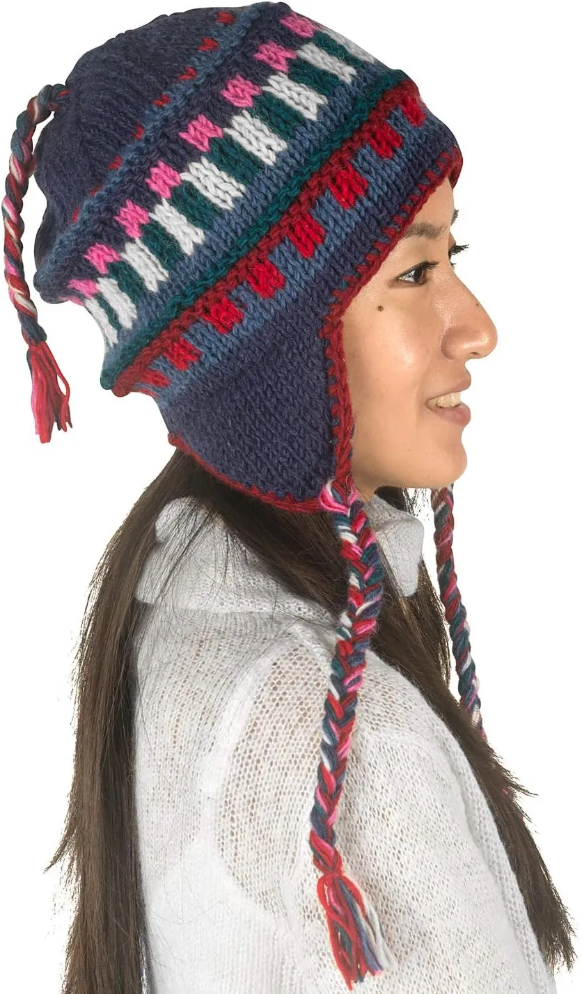 Warm Winter Wool Hat Fleece Inside Cap Hand Knit Woven Ear Flaps Snow Cold Thick Women Merino Thinsulate Outdoor