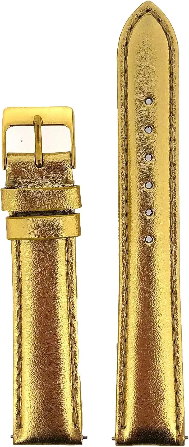 Watch Band Genuine Gold Metallic Leather Padded Built-in Spring Bars 16 Millimeter