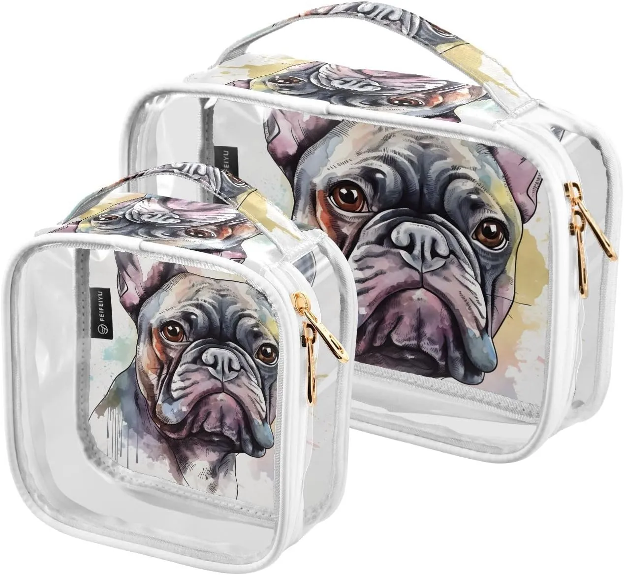 Watercolor-drawing-french-bulldog 2 Pack Clear Toiletry Bag Women Men, Portable Waterproof Clear Pouch, Cosmetic Bag with Double Zippers Large Opening Traveling with Handle for Bathroom Traveling Vaca